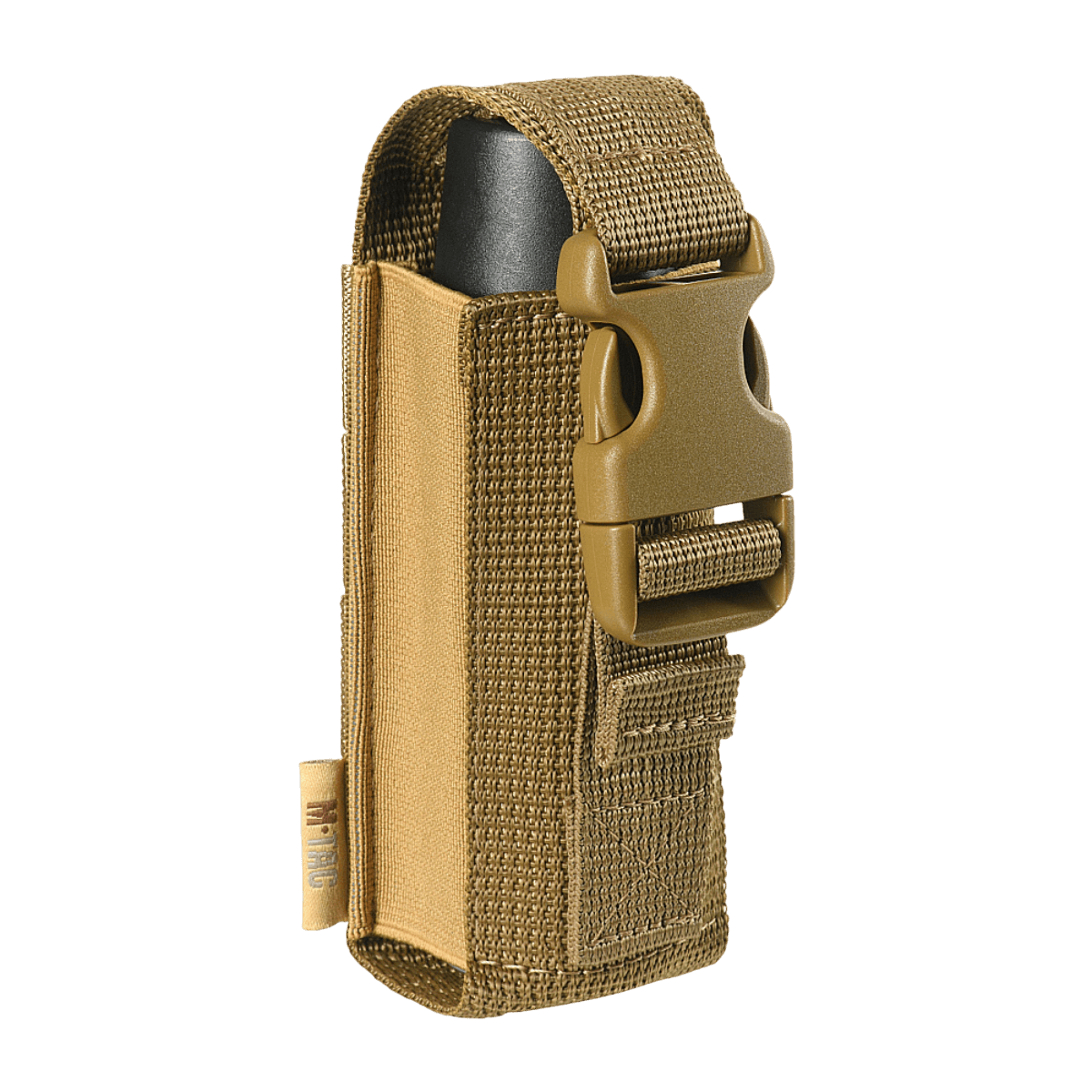 M-Tac Gasdåseholder Vertikal i brun farve med Woojin-lås til sikker montering, lavet af MIL-SPEC strop og gummibånd, set fra siden.