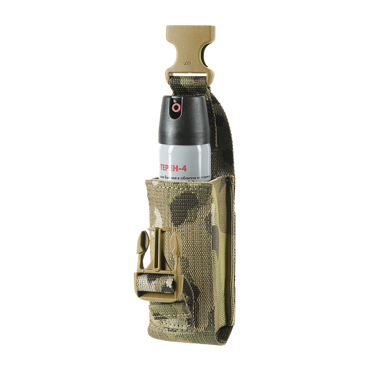 M-Tac Gasdåseholder Vertikal med MOLLE monteringssystem og Woojin-lås, ideel til hurtig adgang til beskyttelsesudstyr i camo design.