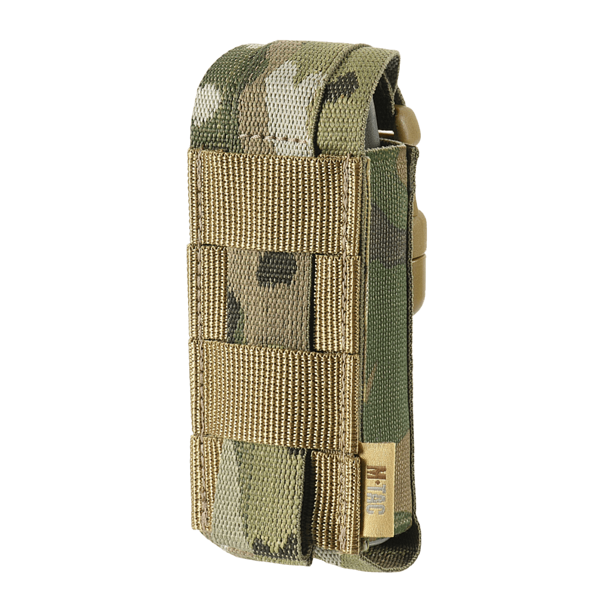 M-Tac Gasdåseholder Vertikal i camouflage, fremstillet af MIL-SPEC strop med Woojin-lås til hurtig adgang og justering.