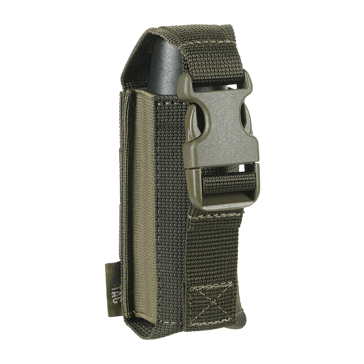 M-Tac Gasdåseholder Vertikal i sort med Woojin-lås og MOLLE-system til hurtig adgang og sikker fastgørelse til beskyttelsesudstyr.