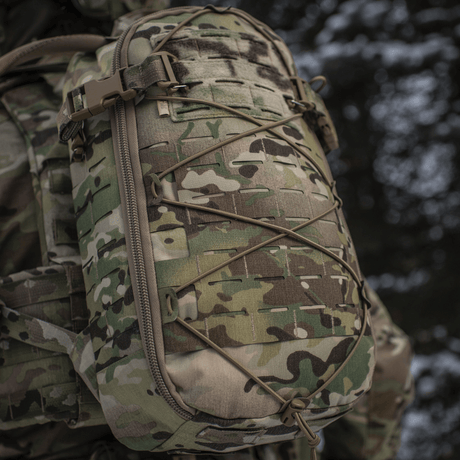 M-Tac Rygsæk Sturm Elite Gen.II i camouflage med MOLLE Laser Cut system, Cordura stof til feltture, set udefra.