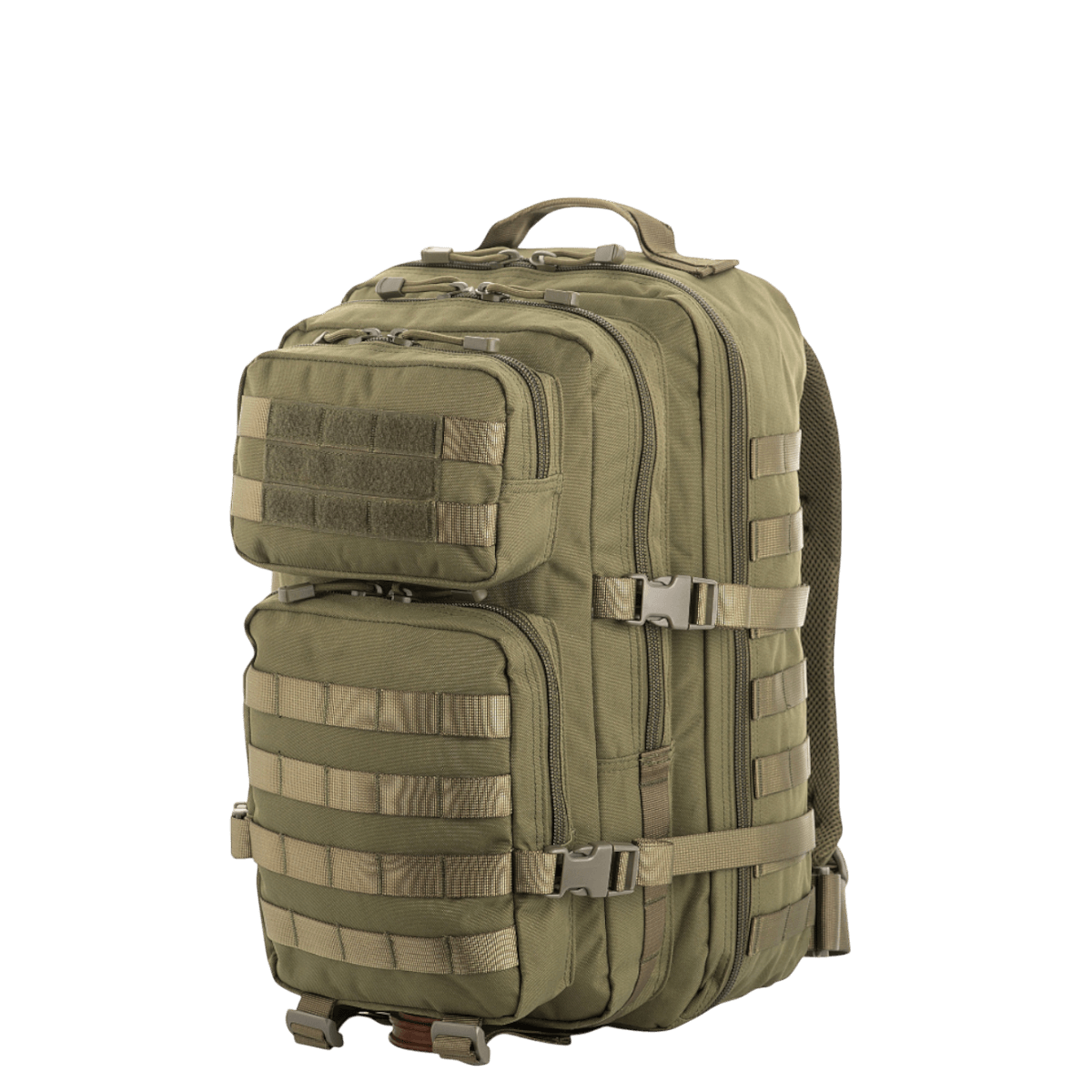 M-Tac Assault Pack i oliven med MOLLE system, to hovedlommer og justerbare skulderremme, ideel til bybrug eller korte ture.