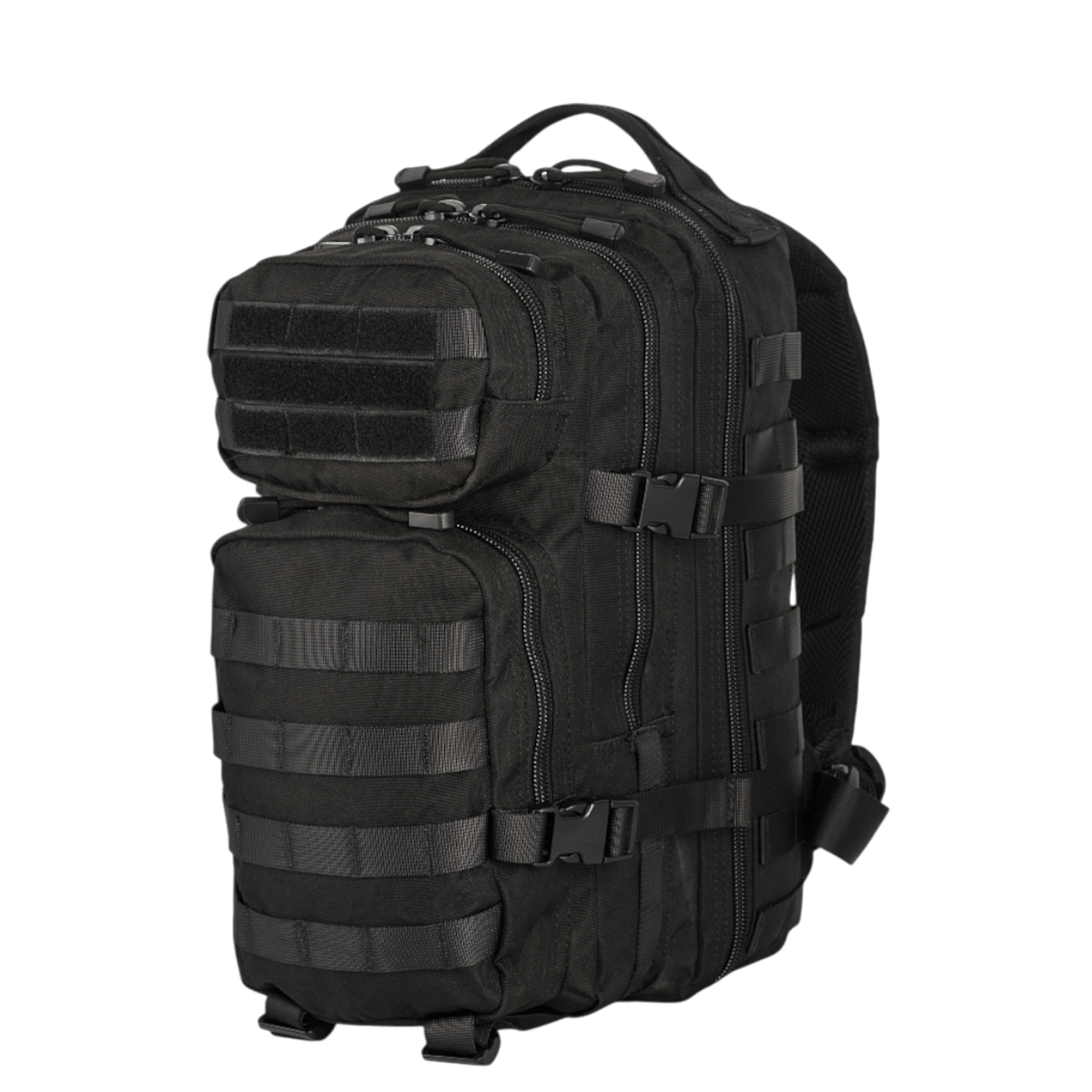 M-Tac Assault Pack med MOLLE-system, to store lynlåslommer og justerbare skulderstropper til bybrug eller vandreture, sort farve.