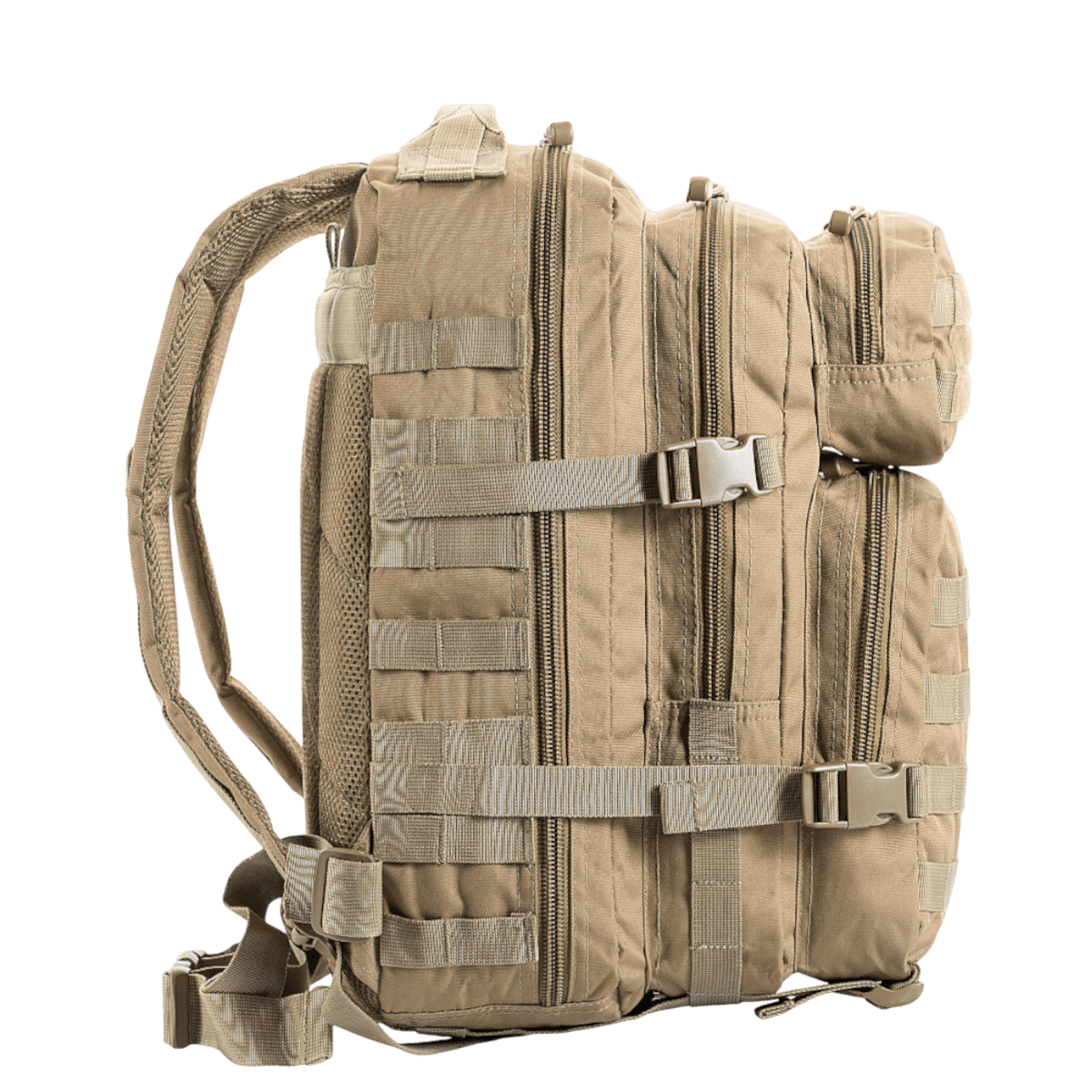 M-Tac Assault Pack i beige med MOLLE-system, justerbare polstrede skulderstropper + 2 store hovedlommer og ekstra frontlommer.