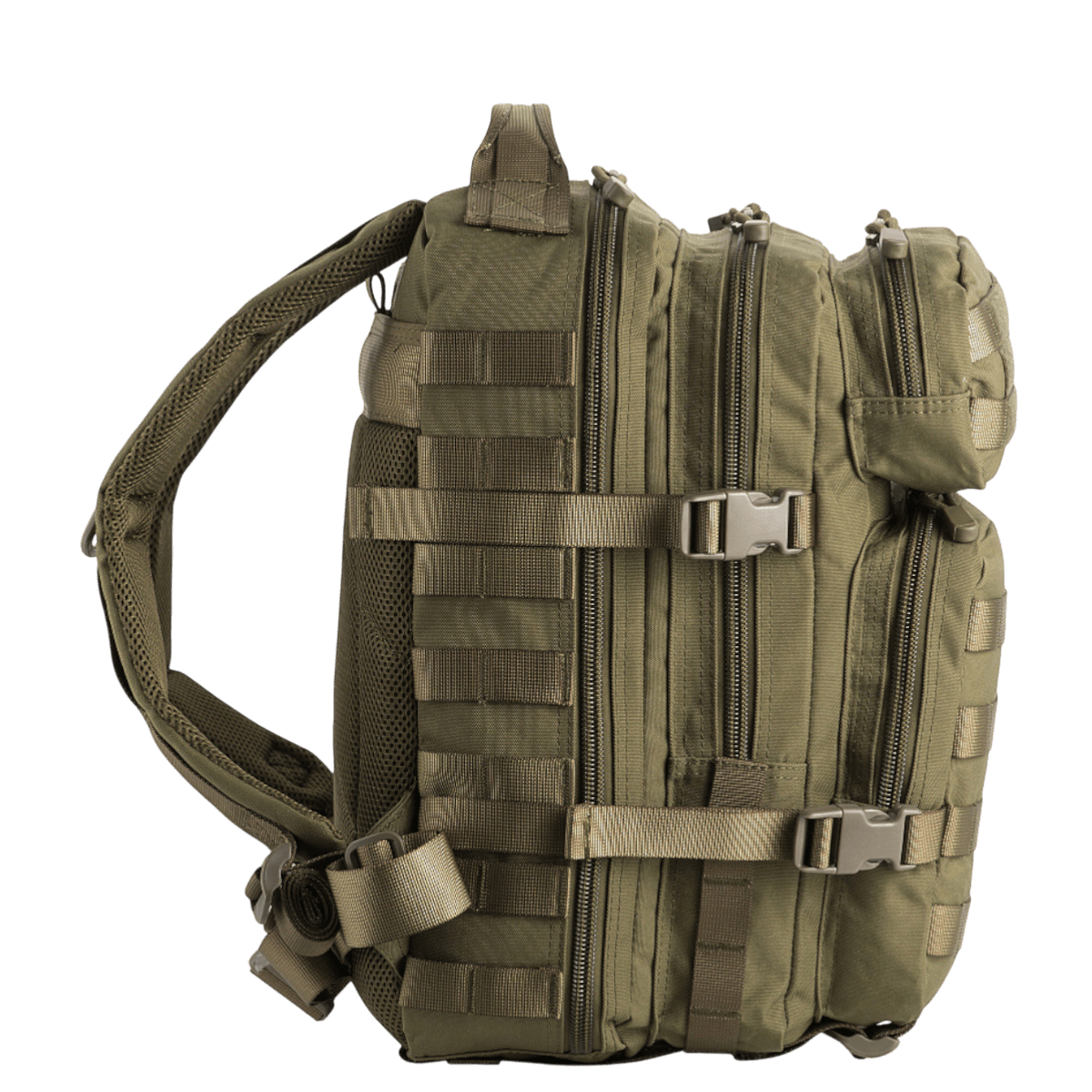 M-Tac Assault Pack med MOLLE-fastgørelsessystem, to store lynlåslommer, og justerbare skulderremme, ideel som byrygsæk eller til vandreture.