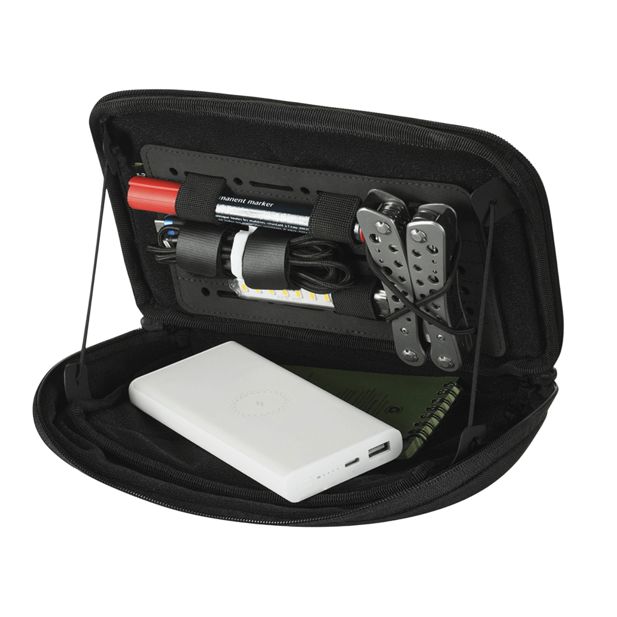 M-Tac Admin Pouch Large Elite med taktisk udstyr som multiværktøj og powerbank, lavet af slidstærkt Cordura 500D materiale.