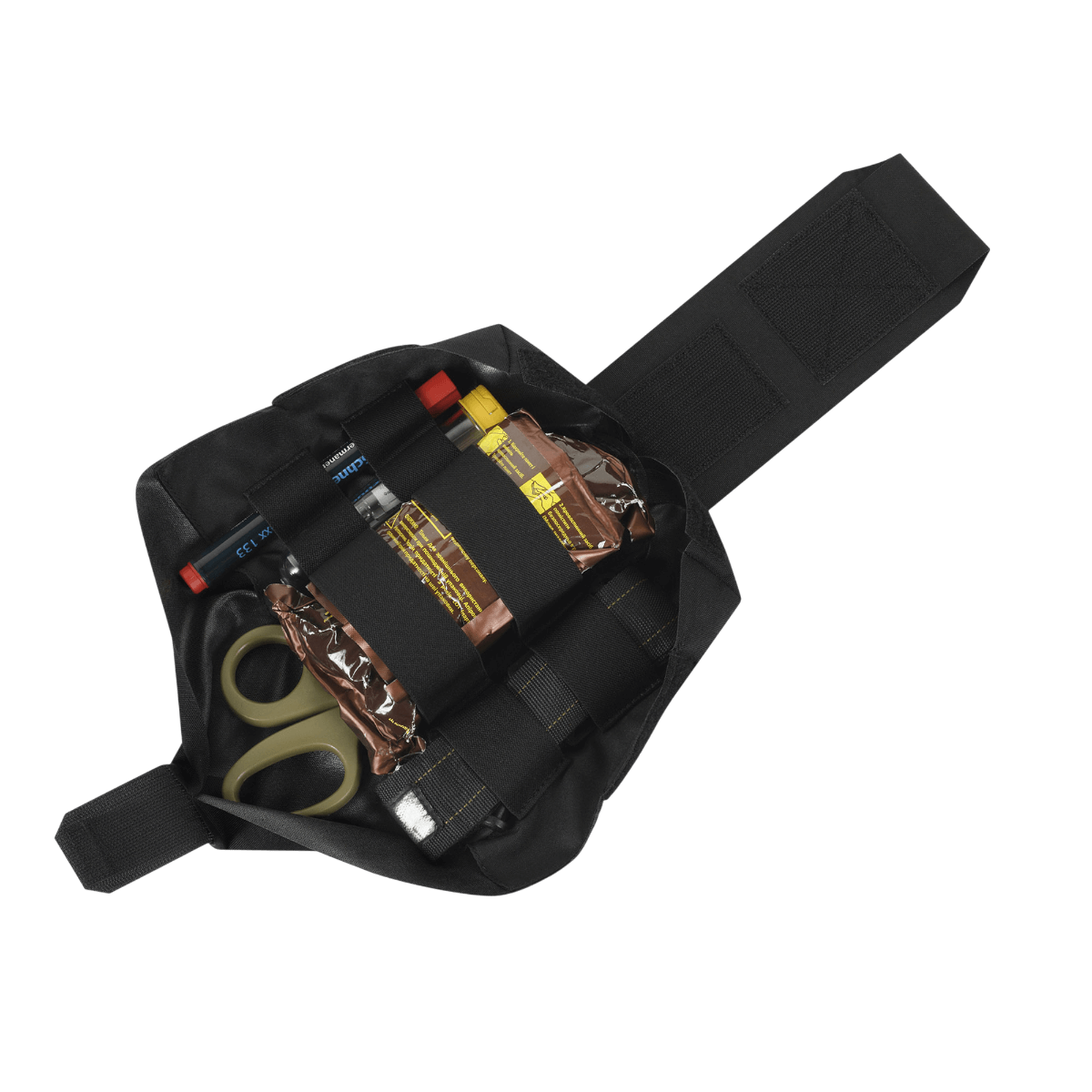 M-Tac Mediclomme Small Vertical Elite med førstehjælpsudstyr set ovenfra, med holdbar Cordura 500D yderside og IFAK-organizer.