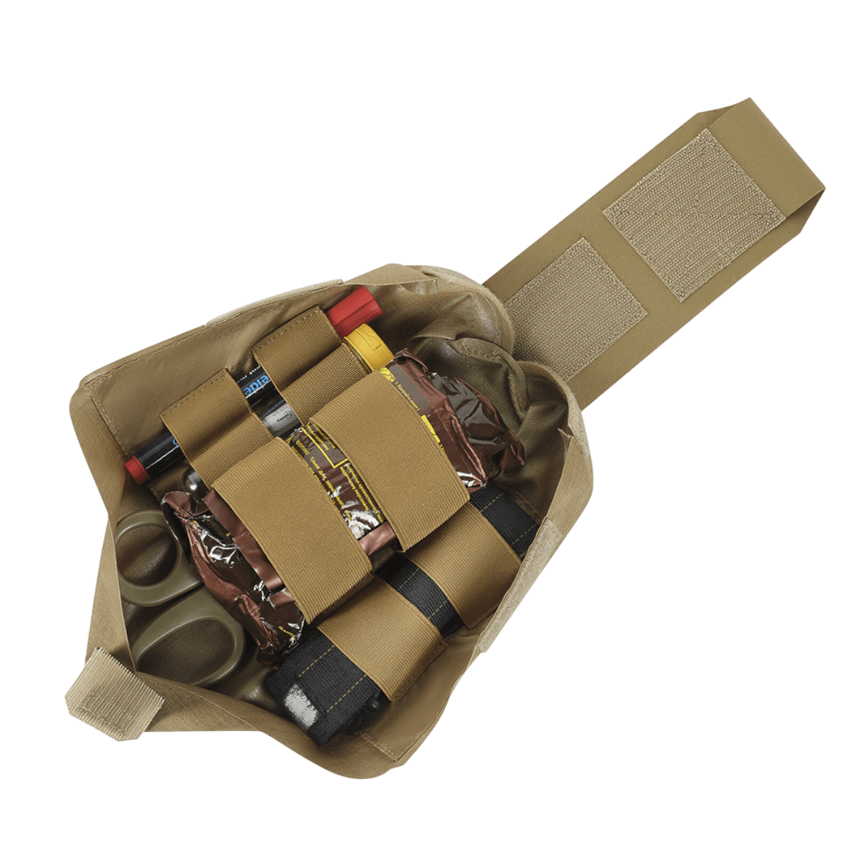 M-Tac Mediclomme Small Vertical Elite i Cordura 500D med IFAK førstehjælpsorganizer, viser åben medicinlomme og indhold.