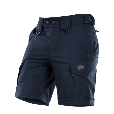 M-Tac Shorts Aggressor Short i mørkeblå, knælange med YKK lynlåse og D-ringe, ideelle til byliv og udendørs aktiviteter.