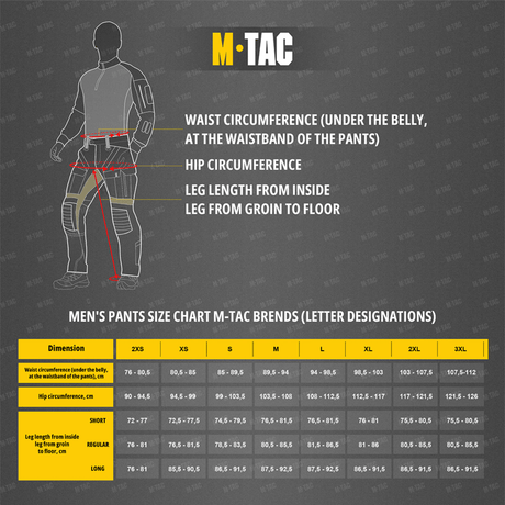 M-Tac bukse størrelsesdiagram med kropsmål for mænds talje og hofteomkreds, ideel til valg af M-Tac Shorts Aggressor Short størrelse.