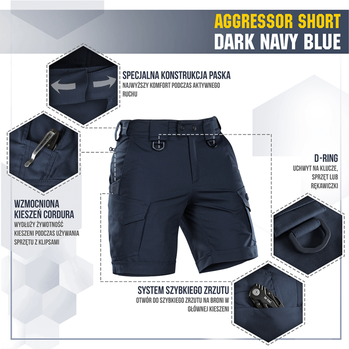 M-Tac Shorts Aggressor Short i mørkeblå med taktiske funktioner og D-ring, ideel til by eller natur, lavet af elastisk polycotton flex rip-stop.
