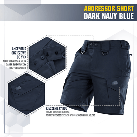 M-Tac Shorts Aggressor Short i mørk marineblå med taktiske funktioner og praktiske lommer, ideel til udendørs brug og komfort.