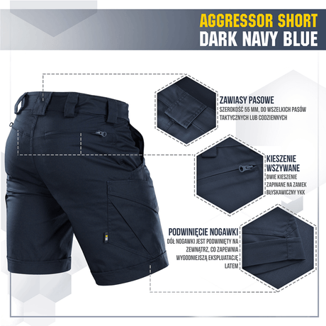 M-Tac Shorts Aggressor Short i mørk marineblå, med taktiske funktioner og YKK lynlåse, ideel til sommer og aktiv brug.
