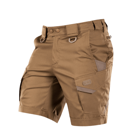 M-Tac Shorts Aggressor Short i khaki med taktiske funktioner, YKK lynlåse og D-ringe, ideel til udendørs brug om sommeren.