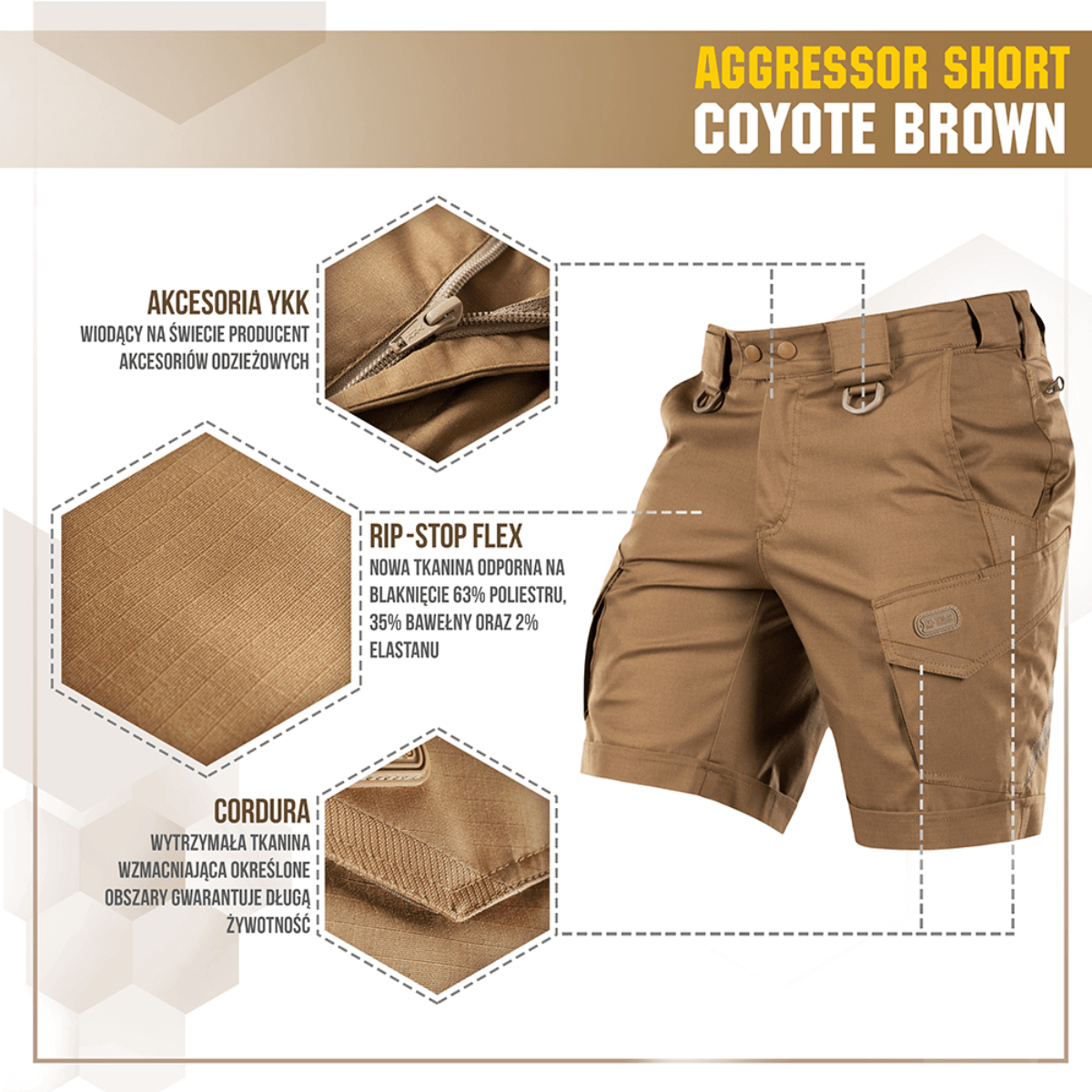 M-Tac Shorts Aggressor Short i coyote brown, lavet af ripstop flex med YKK lynlås, ideel til taktisk brug og komfort.