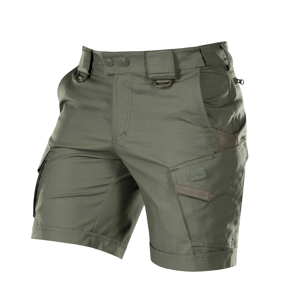 M-Tac Shorts Aggressor Short i olivengrøn med taktiske funktioner og YKK lynlåse, ideelle til aktiv brug i byen eller naturen.