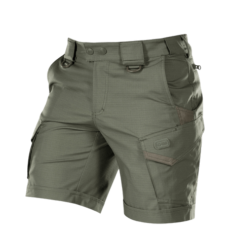M-Tac Shorts Aggressor Short i olivengrøn med taktiske funktioner og YKK lynlåse, ideelle til aktiv brug i byen eller naturen.
