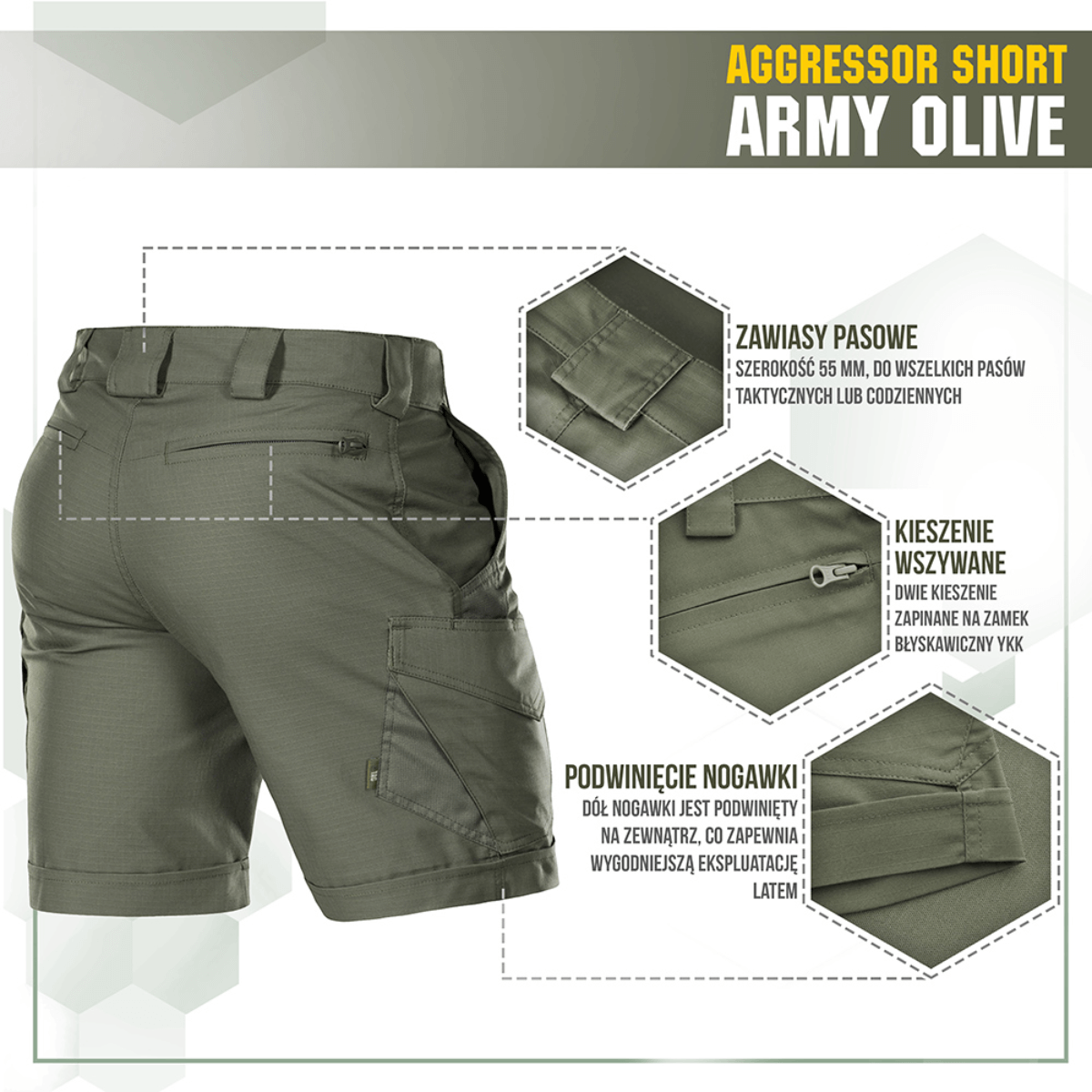 M-Tac Shorts Aggressor Short i army olive farve med taktiske funktioner, inklusive justerbare bælter og YKK lynlåse, ideel til aktiv brug.