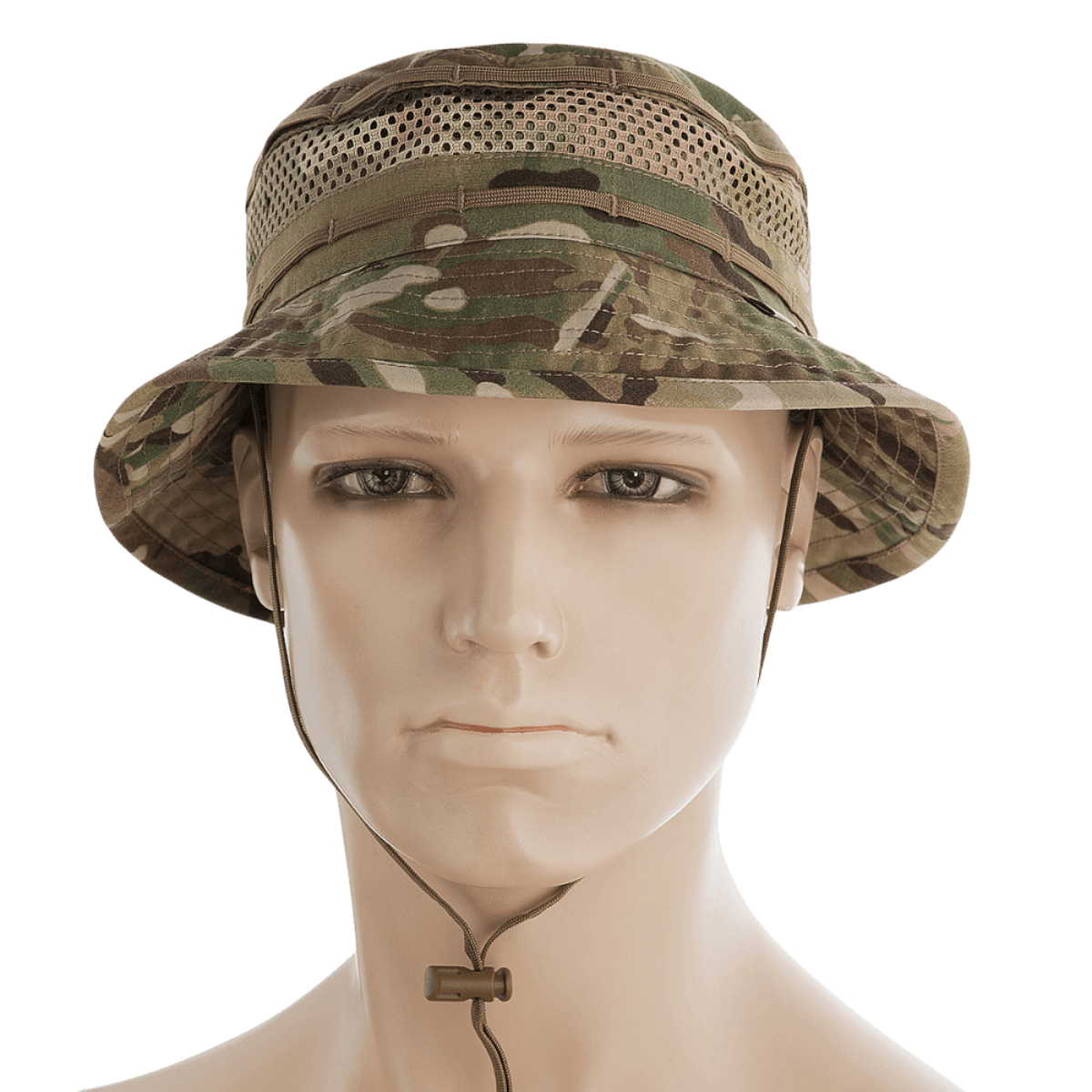 Camouflage M-Tac Panamahat med Net Elite NYCO med kort skygge og snor til stærk vindbeskyttelse, ideel til udendørsaktiviteter.