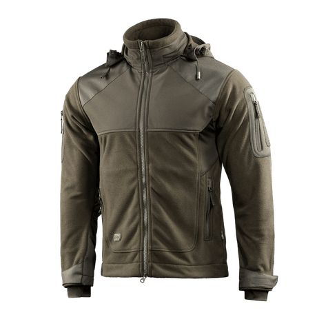 M-Tac Norman Windblock Fleecejakke i olivenfarve, designet til komfort og varme med WindBlock-materiale og Softshell-indlæg.