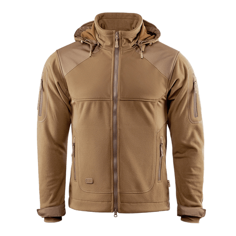 M-Tac Norman Windblock Fleecejakke i brun med hætte og softshell-indlæg til beskyttelse mod vind og kulde. Ideel til køligt vejr.