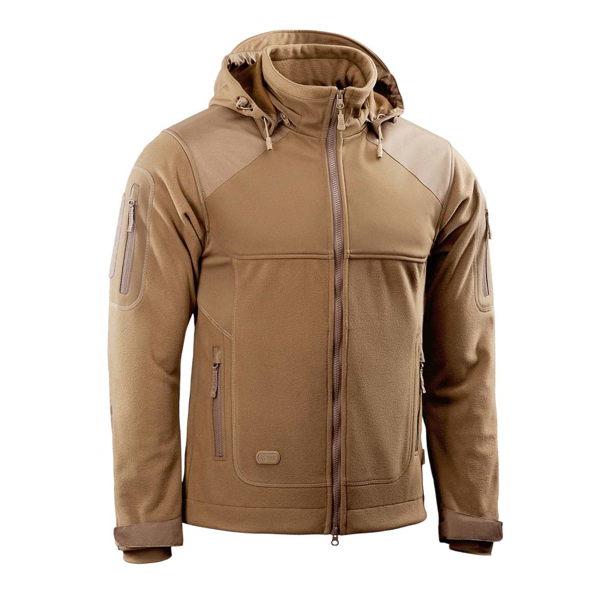 M-Tac Norman Windblock Fleecejakke i beige med hætte, fremstillet af WindBlock-materiale med Softshell-indlæg, ideel til koldt vejr.