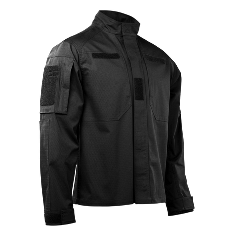 M-Tac Jakke Patrol Flex i sort med velcro paneler og praktiske lommer, designet til taktiske anvendelser.