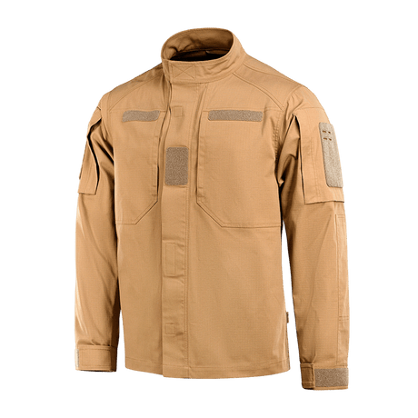M-Tac Jakke Patrol Flex i beige med Velcro-detaljer, ståkrave og forstærket skulderparti, designet til taktisk brug.