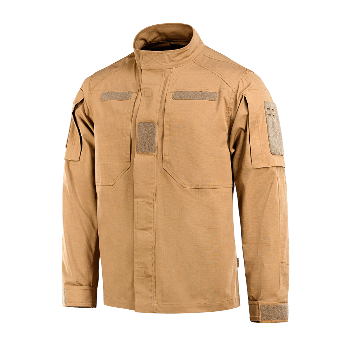 M-Tac Jakke Patrol Flex i beige med Velcro-detaljer, ståkrave og forstærket skulderparti, designet til taktisk brug.