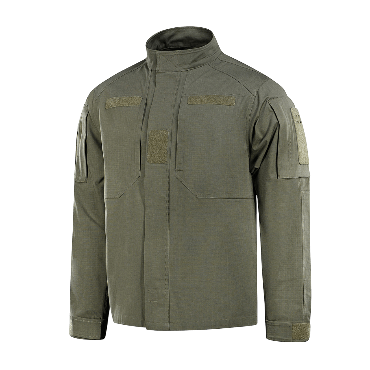 M-Tac Jakke Patrol Flex i grøn med velcro-paneler og YKK fittings, designet til taktisk brug, ståkrave, skjulte lommer og ventilationsøjer.