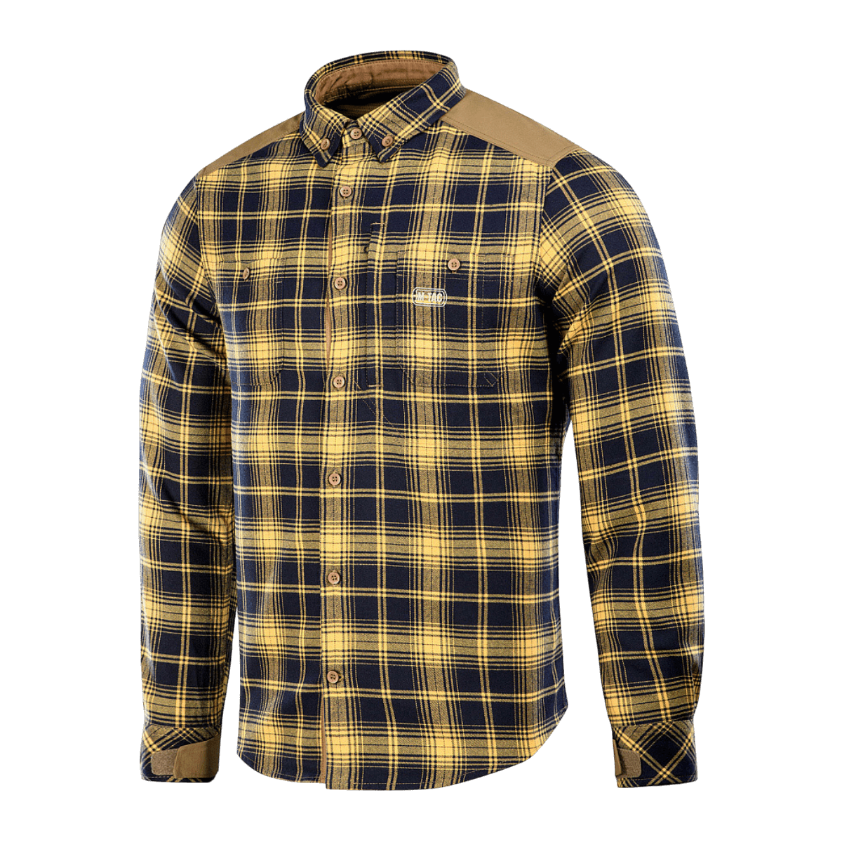 M-Tac Redneck Skjorte i Navy Blue/Yellow, taktisk plaid-skjorte med velcro-justerbare ærmer og forstærkede skuldre, vind- og vandafvisende.