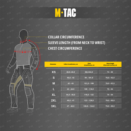 Størrelsesguide for M-Tac Redneck Skjorte med kraveomkreds, ærmelængde og brystomkreds i byggearbejder illustration.