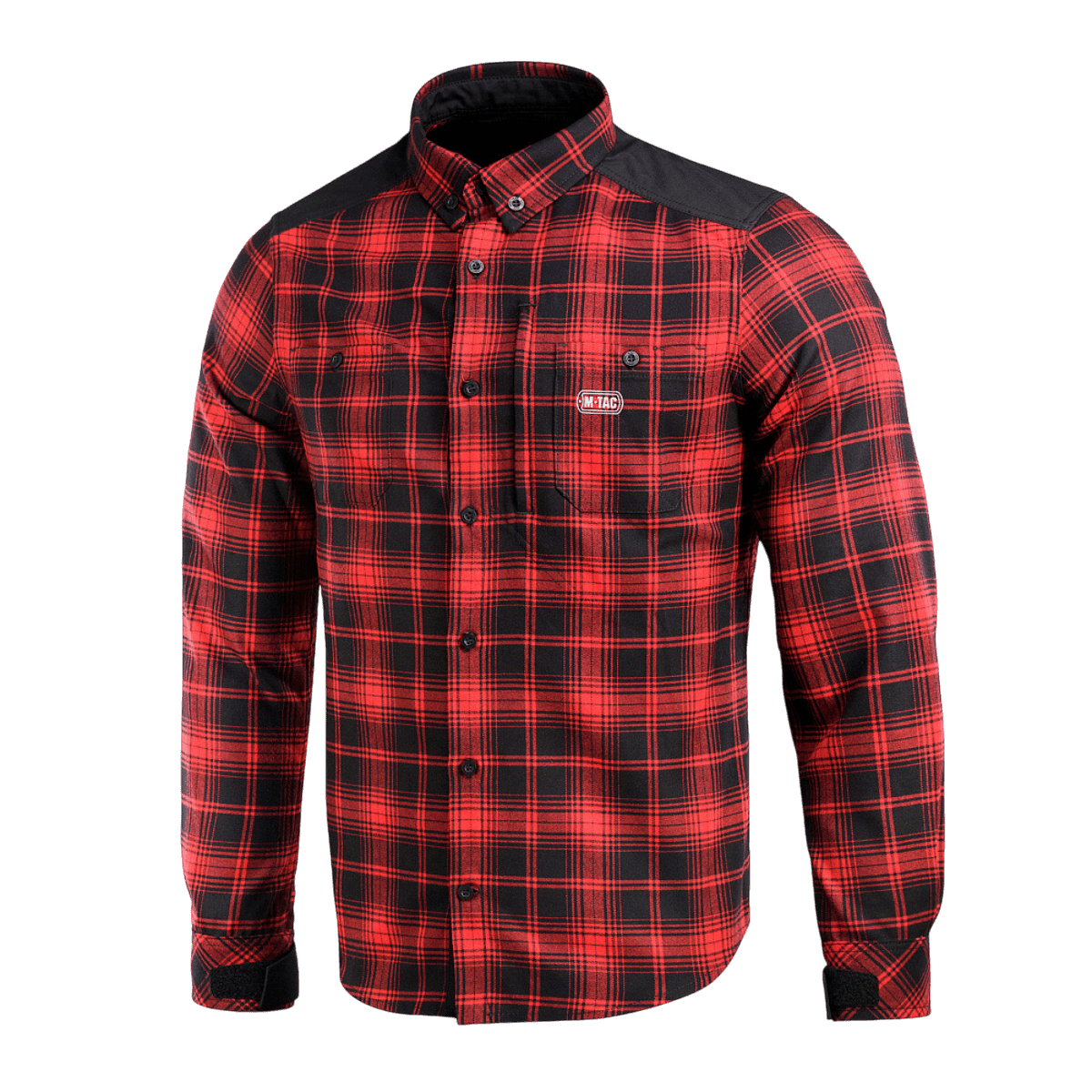 M-Tac Redneck Skjorte i rød og sort plaid med forstærkede skuldre og velcro-justerbare ærmer til taktisk brug.
