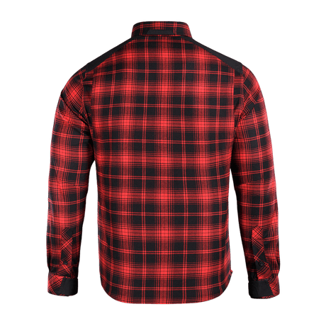 M-Tac Redneck Skjorte i rød plaid med forstærkede skuldre og velcro-justerbare ærmer, ideel til arbejde og fritid.