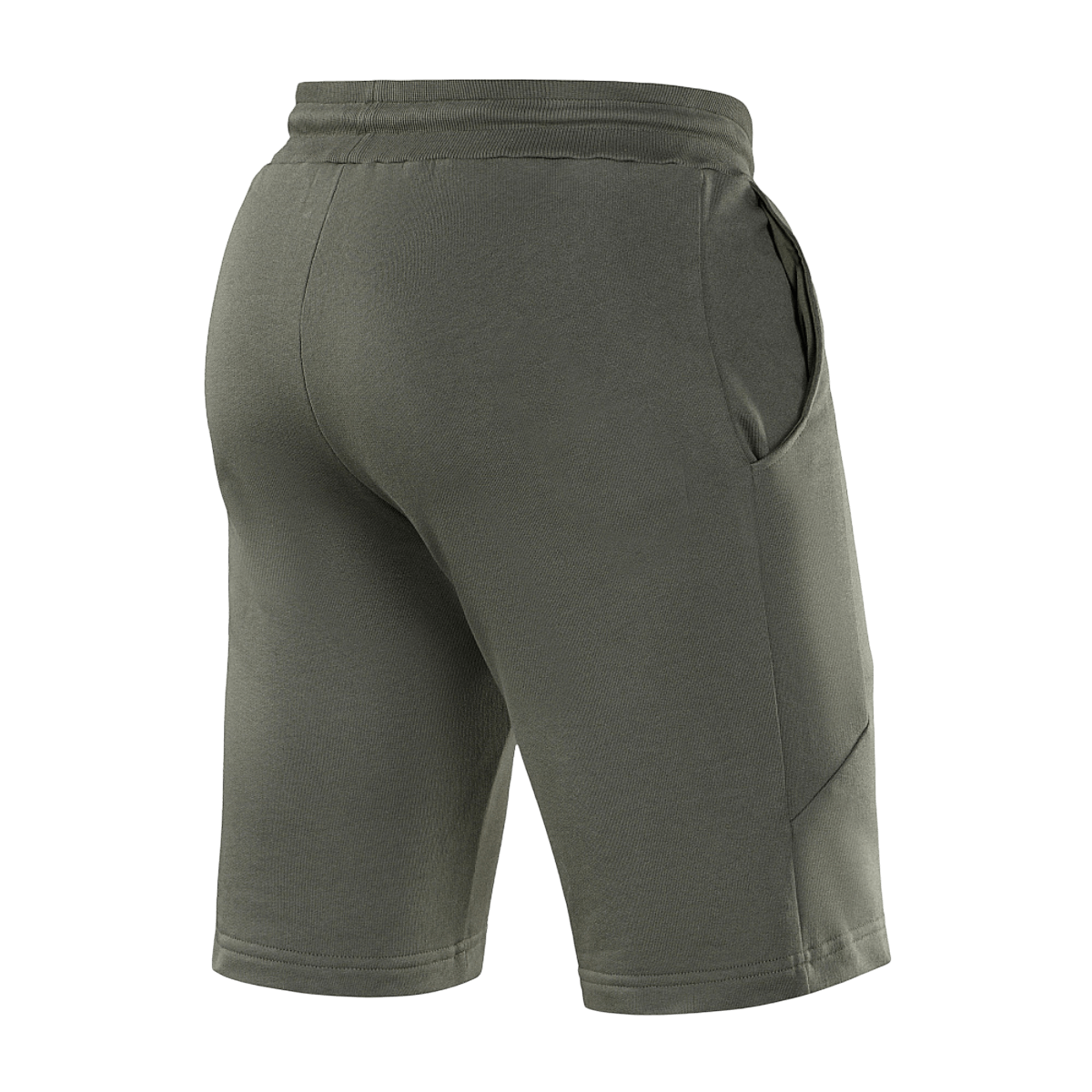 M-Tac Shorts Casual Fit Cotton i mørkegrøn set bagfra, med elastisk talje og sidelommer, ideelle til sommeraktive aktiviteter.