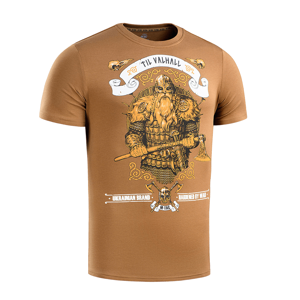 M-Tac T-shirt Viking med motiv af frygtindgydende viking med økse og teksten 'Til Valhall' i kampudrustning, designet til vikingefans.