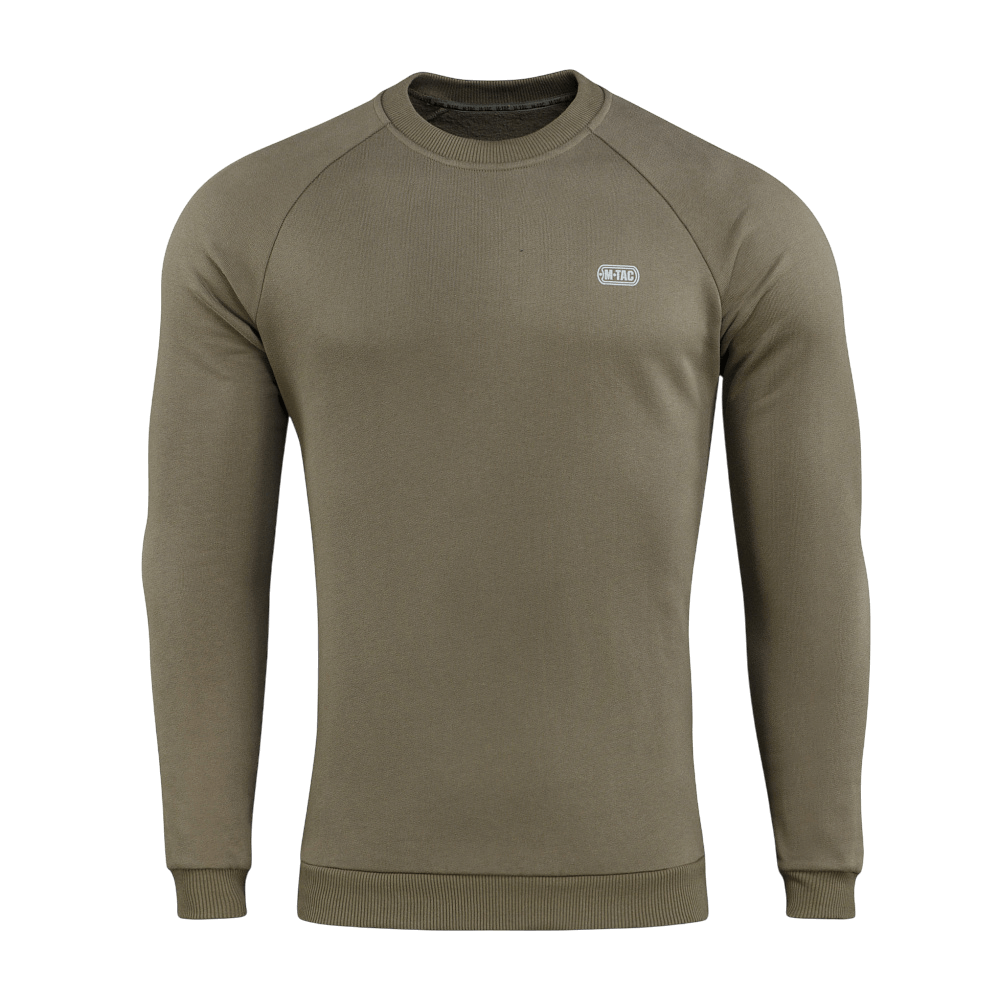 M-Tac Sweatshirt Cotton Hard i olivenfarve med ribkanter og reflekslogo, fremstillet af 100% bomuld for komfort og varme.