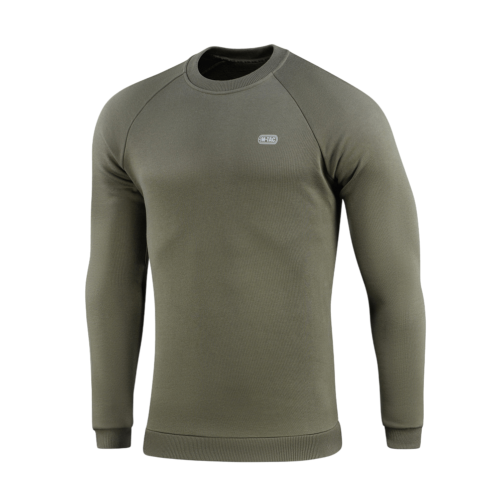 M-Tac Sweatshirt Cotton Hard i olivengrøn farve, lavet af 100% bomuld, med reflekslogo på brystet og ribkanter for ekstra komfort.