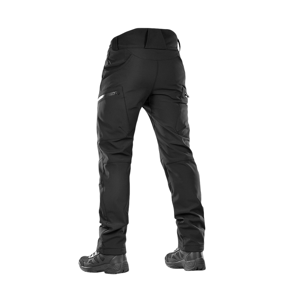 M-Tac Bukser Soft Shell Vinter set bagfra, viser sort design med høj talje og vindtæt materiale til efterårs- og vinterbrug.