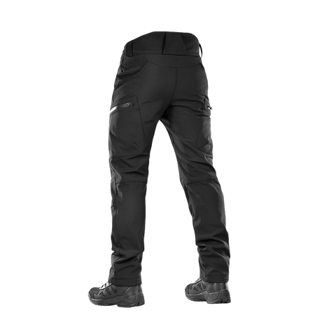 M-Tac Bukser Soft Shell Vinter set bagfra, viser sort design med høj talje og vindtæt materiale til efterårs- og vinterbrug.