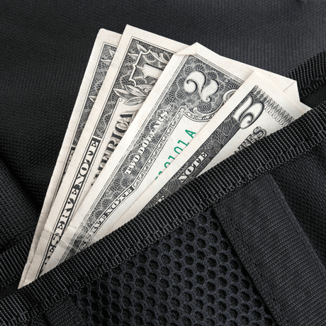 Dollarsedler i sort pung med lomme