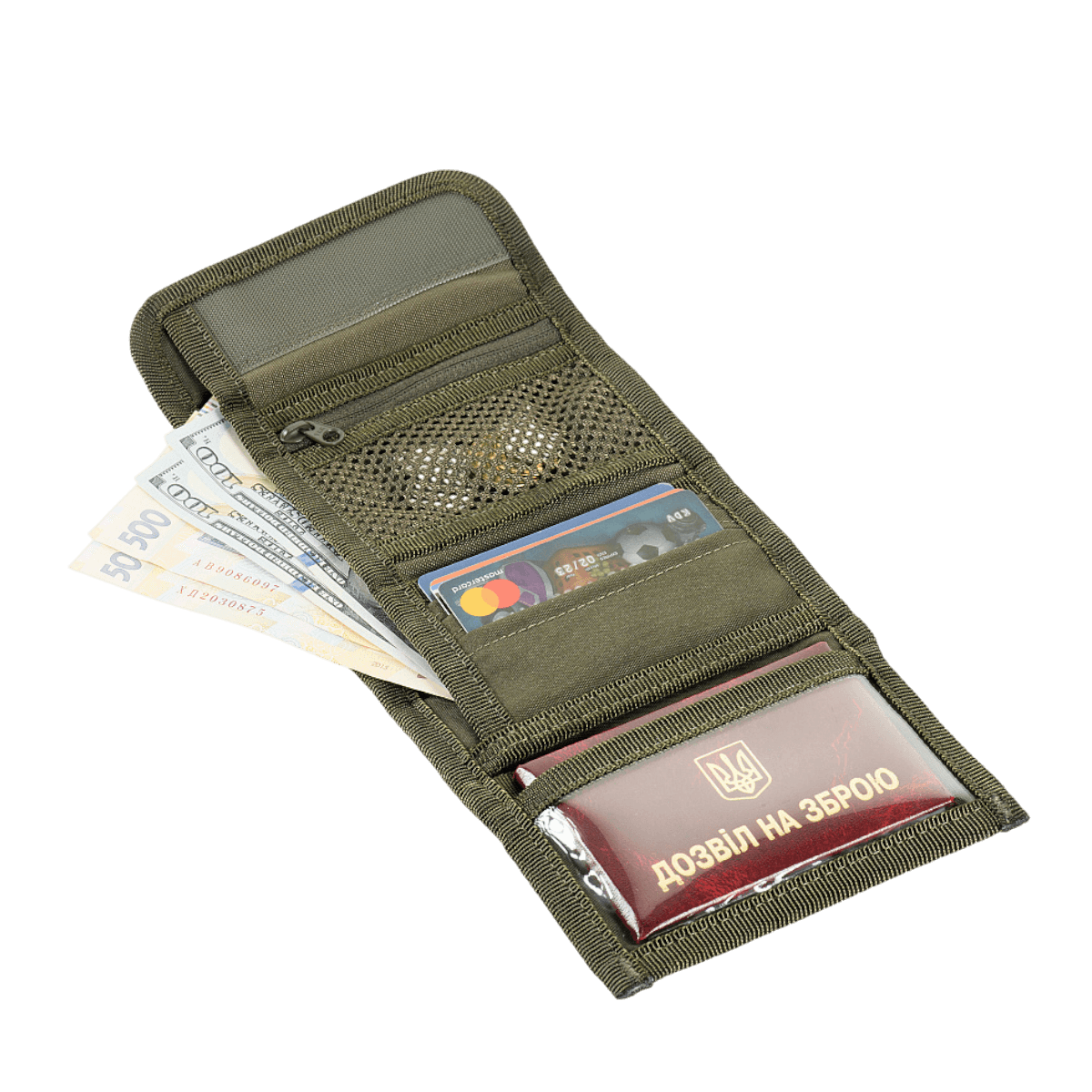 M-Tac Pung med Patch Panel Elite Gen. II i grøn farve, rummelig indvendigt til kontanter og kort, fremstillet af holdbart Oxford og Cordura materiale.