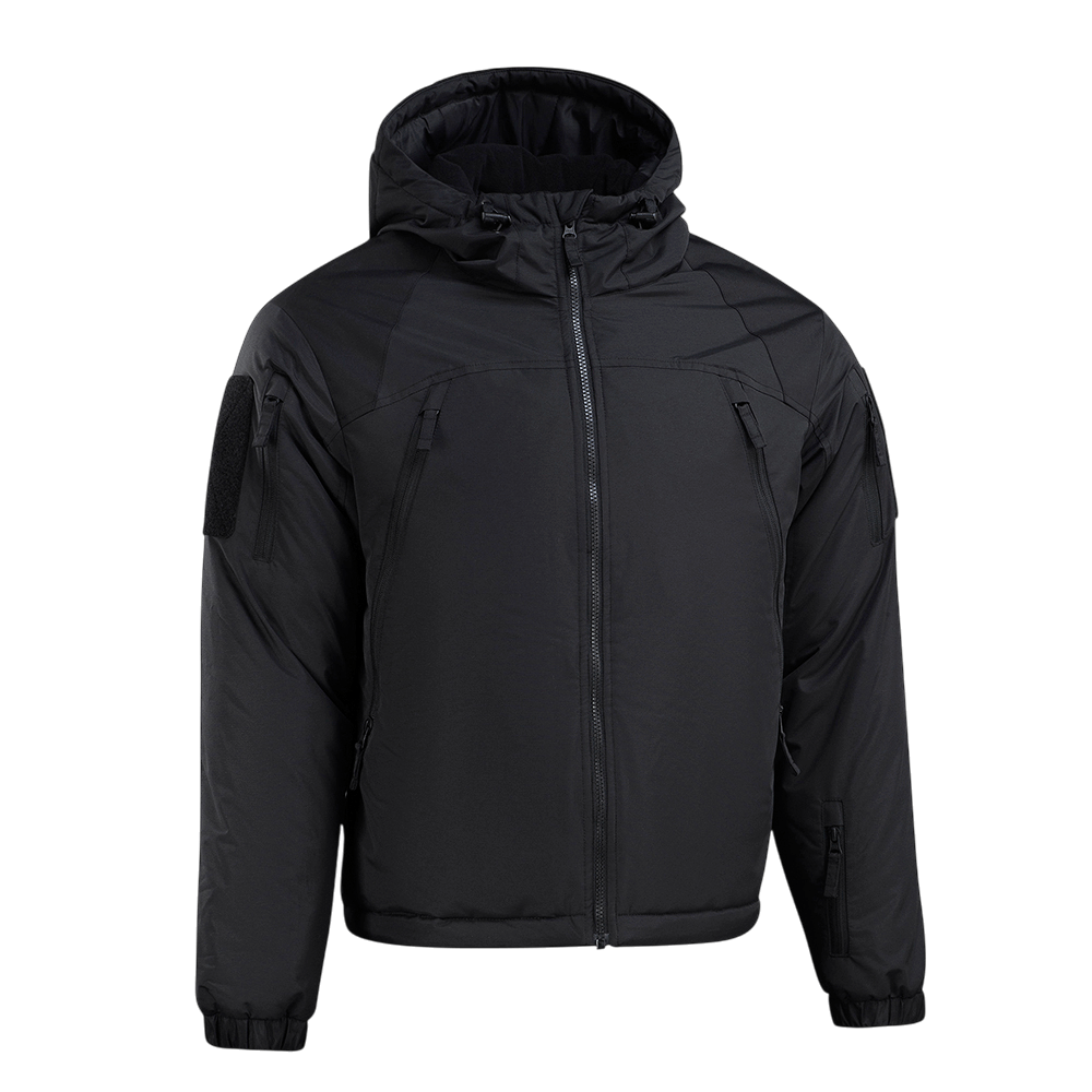M-Tac Alpha Gen.III Pro Vinterjakke vandtæt, isoleret jakke med justerbar hætte, perfekt til -20°C, sort farve, front view.