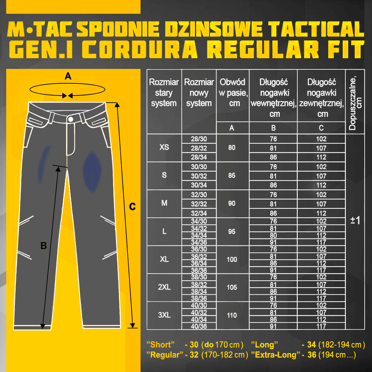 M-Tac Jeans Tactical Gen. I Cordura Regular Fit - Størrelsesdiagram og detaljer for Cordura Tactical Jeans i holdbart stof.
