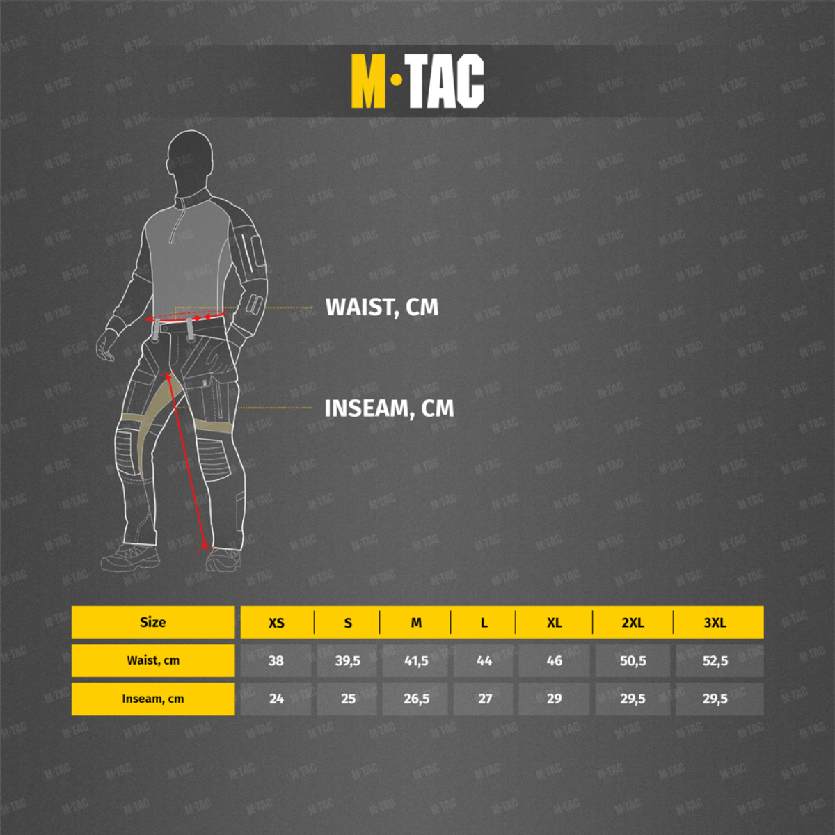 Størrelsesguide for M-Tac Aggressor Summer Flex Shorts med talje og inseam mål i cm, fokus på letvægts-taktiske shorts.