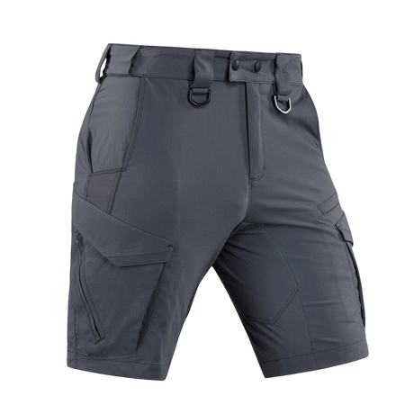 M-Tac Aggressor Summer Flex Shorts med taktisk design, letvægts Flex Rip-Stop stof og syv funktionelle lommer, i mørkegrå farve.