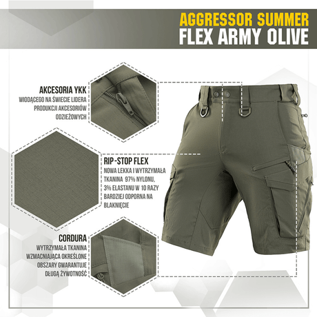 Billede af M-Tac Aggressor Summer Flex Shorts i armygrøn, letvægts-Rip-Stop Flex stof med YKK lynlås og flere lommer, ideelle til outdoor-aktiviteter.