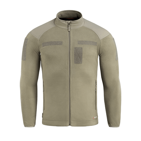 M-Tac Combat Fleece Polartec Jakke i beige med YKK lynlåse og velcro-paneler, perfekt til taktisk og casual brug.