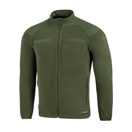 M-Tac Combat Fleece Polartec Jakke i olivengrøn med velcro-paneler og vindbeskyttelse, perfekt til taktisk og casual brug.