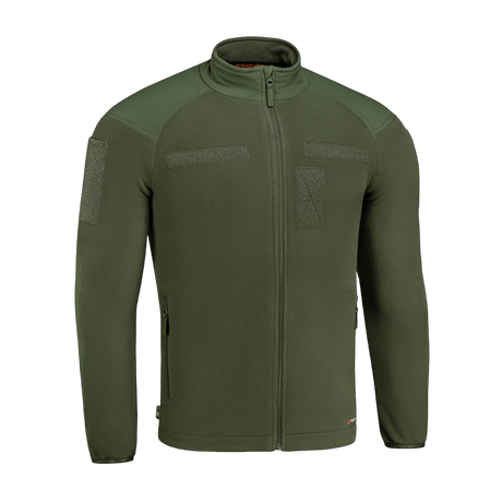 M-Tac Combat Fleece Polartec Jakke i grønt med Polartec fleece og YKK lynlåse, ideel til taktisk og casual brug, designet med velcro paneler.